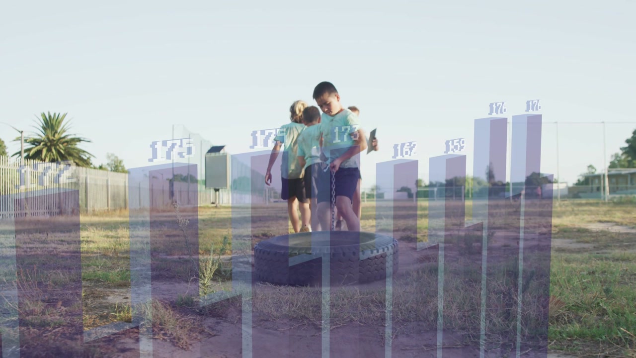 Three kids stepping off tire in schoolyard, boy handling chain leading peers, bar graphs overlaying