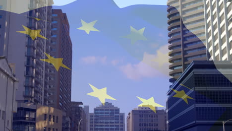 animation of european union waving flag over cityscape