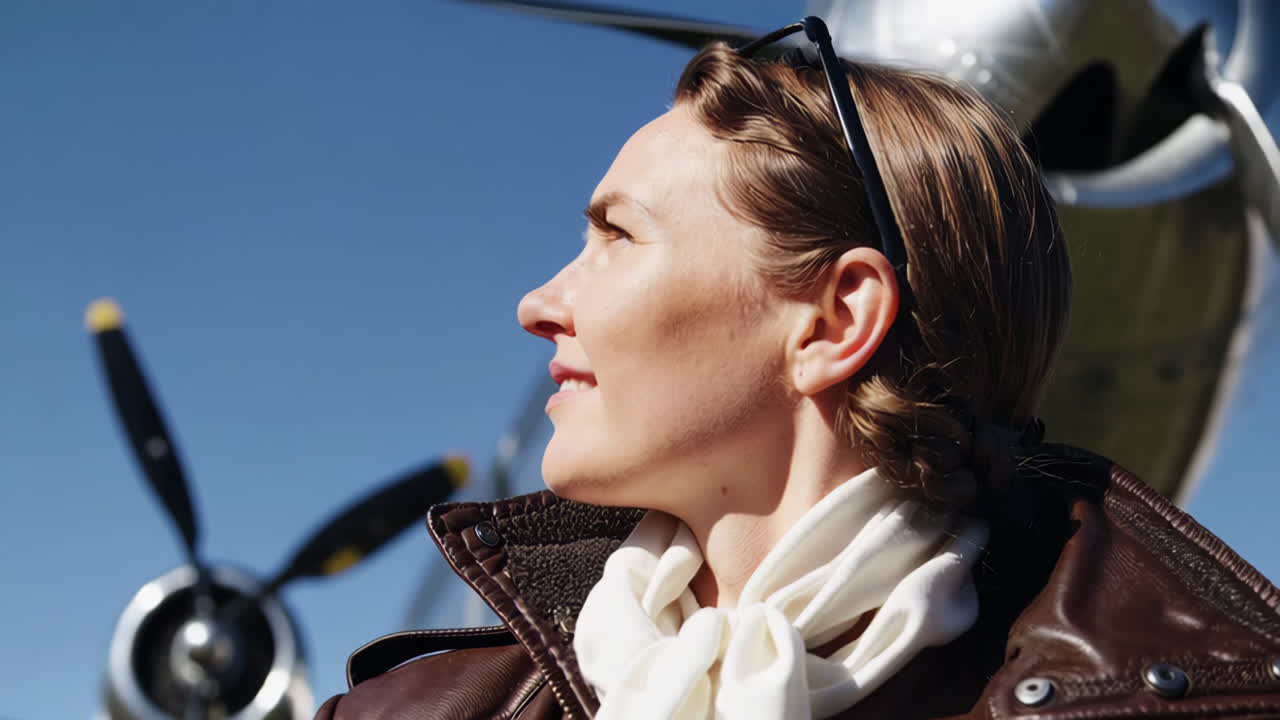 Woman Pilot Posing near Vintage Airplane