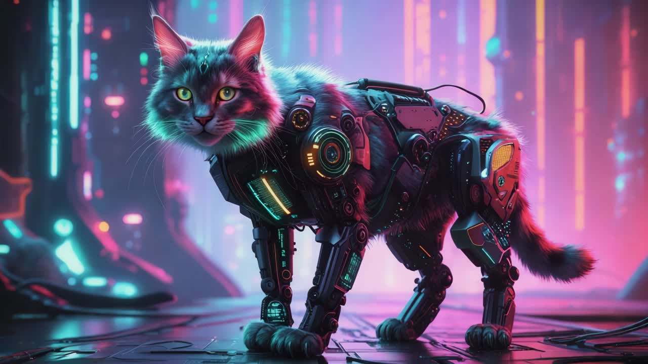 gato cyberpunk en el paisaje urbano futurista