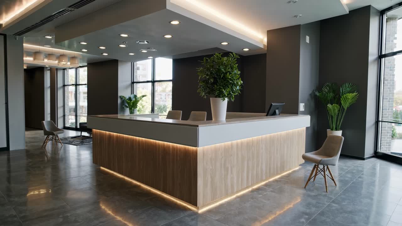 Moderna hall di un ufficio con un design elegante, illuminazione calda e grandi finestre