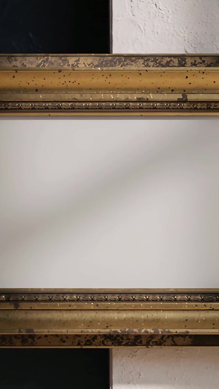 Video verticale: Telecamera in movimento che rivela una cornice dorata ornata su una parete strutturata, mostrando una tela bianca.