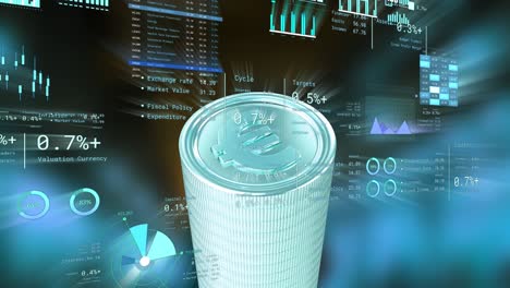 animación del procesamiento de datos financieros sobre la pila de monedas de euro