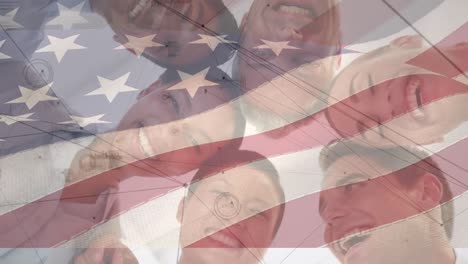 animation of american flag over smiling diverse group of friends teaming up