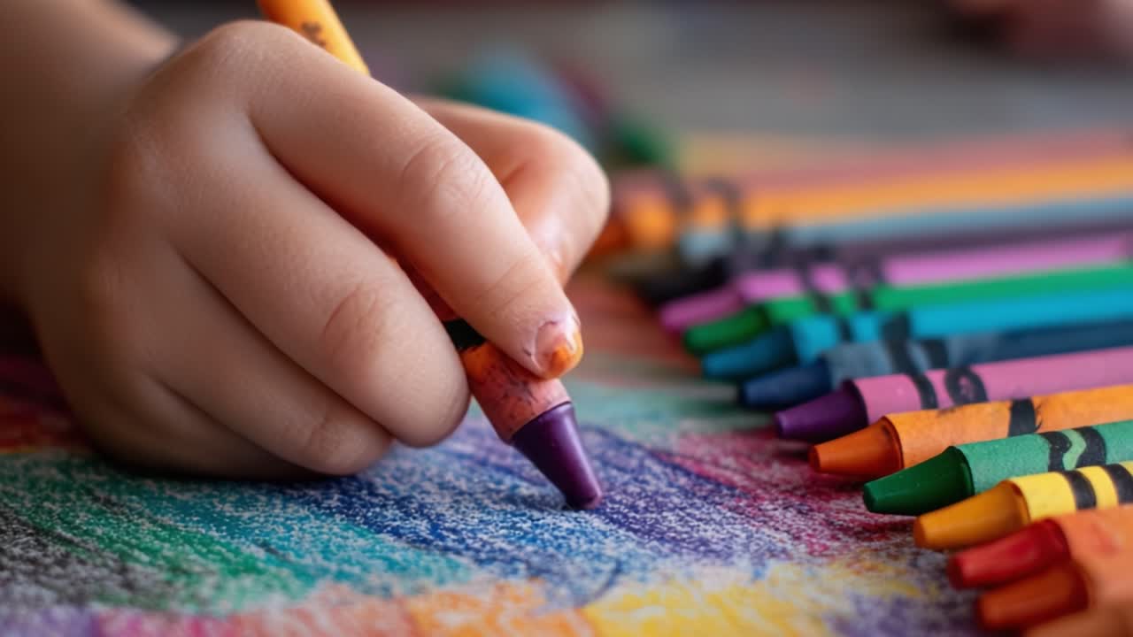 A Close-Up of a Child's Hand Coloring with Crayons on Colorful Paper, Showcasing Creativity and Artistic Expression Through Vibrant Hues and Engaging Patterns