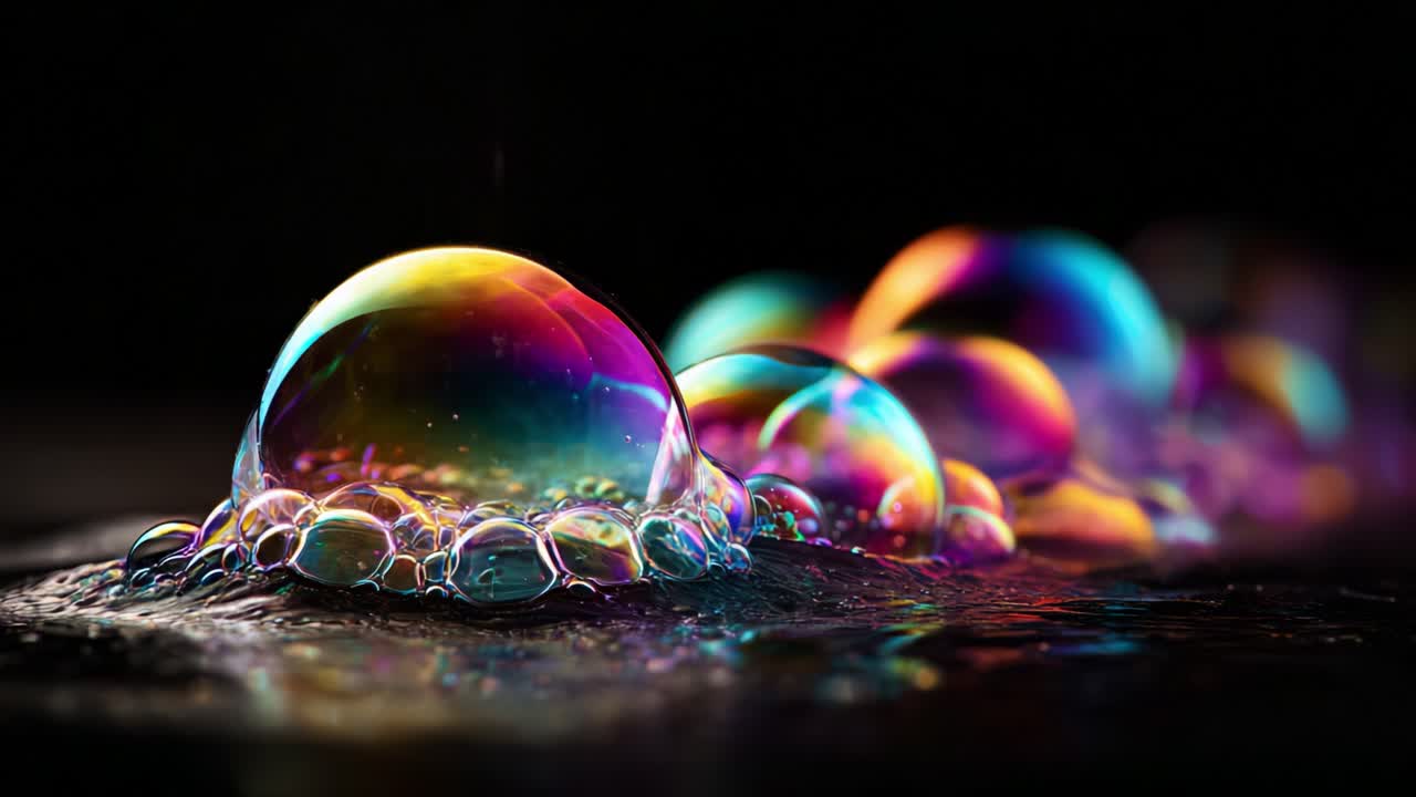Vibrant Rainbow Soap Bubbles Captured in Stunning Detail, Showcasing Their Iridescent Colors and Unique Shapes in a Close-Up Setting, Rendered Against a Dark Background