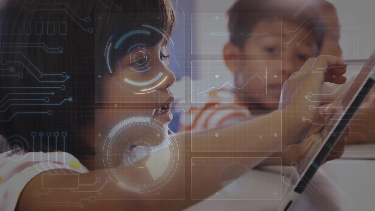 Girl tapping tablet in classroom, HUD highlighting taps while classmate joining for education