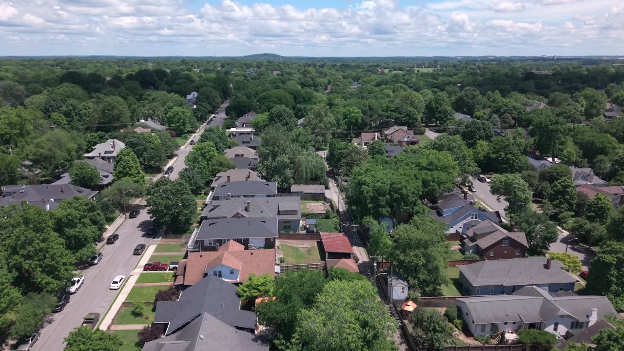 East Nashville Historic District is a neighborhood listed on the National Register in Davidson County, Tennessee - daytime forward aerial flyover