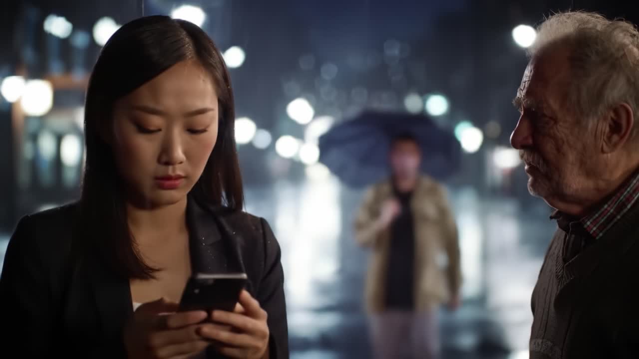 A tense moment unfolds between two individuals on a rainy night, as one appears absorbed in her phone while the other shares an earnest conversation in the blurred city backdrop.