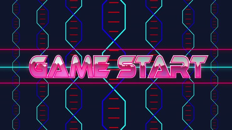 Animazione del testo 'inizio gioco' su forme al neon su sfondo nero