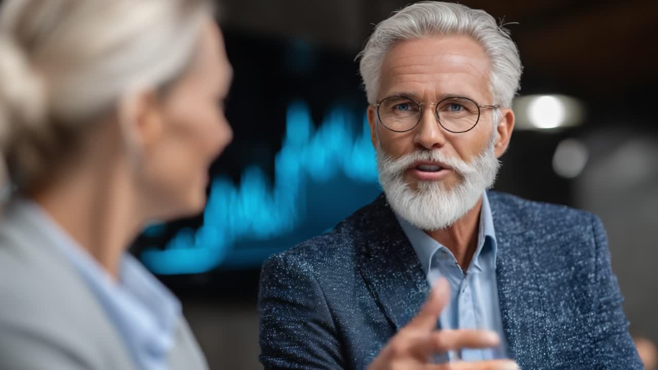 Engaging Conversation on Business Strategies Between Senior Executive and Colleague Amidst Data Visualization Background