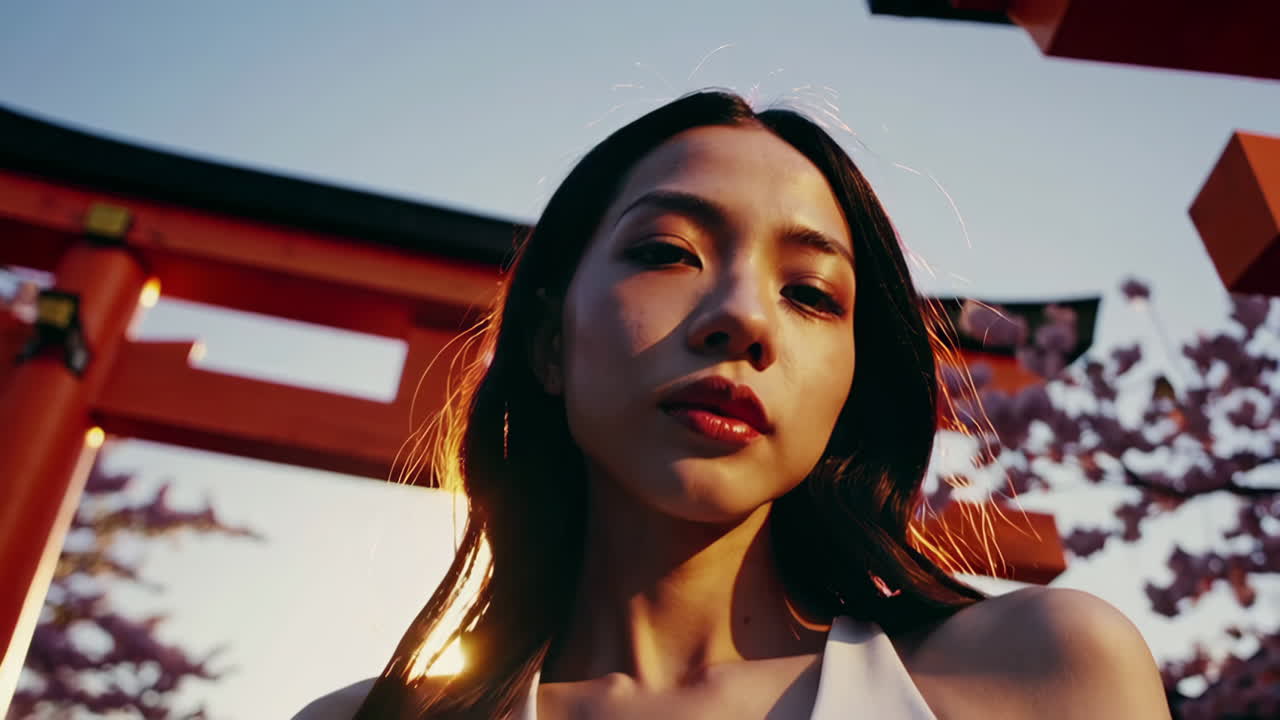 Mujer en una puerta Torii japonesa con cerezos en flor