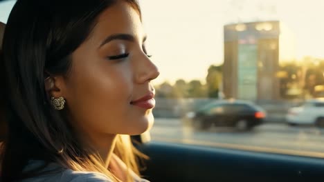 woman driving in a car with the sun setting in the background