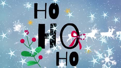 Animation-of-snowflakes-and-stars-falling-over-ho-ho-ho-text-banner-against-winter-landscape
