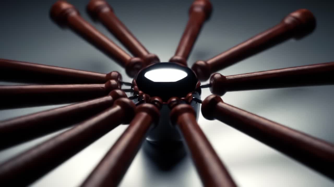A captivating still-frame showcasing a beautifully designed rotational device with elongated wooden elements radiating from a central glossy orb, emphasizing elegance and craftsmanship