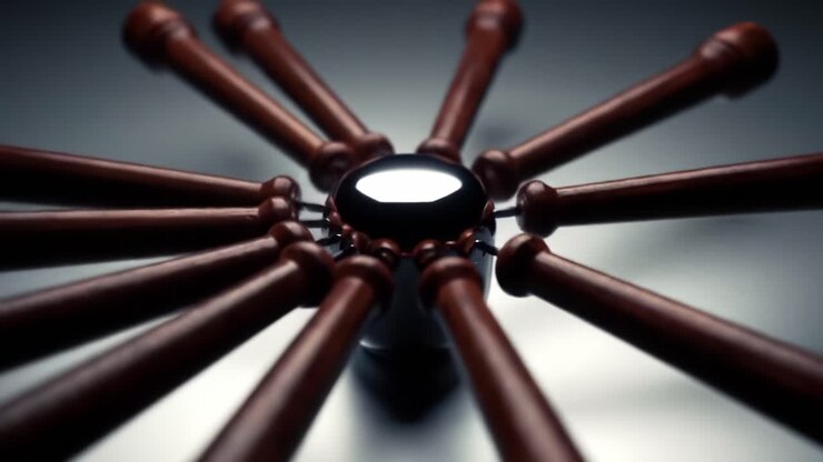 A captivating still-frame showcasing a beautifully designed rotational device with elongated wooden elements radiating from a central glossy orb, emphasizing elegance and craftsmanship