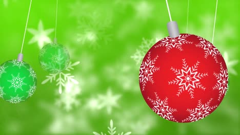 Animation-of-christmas-baubles-over-snowflakes-on-green-background