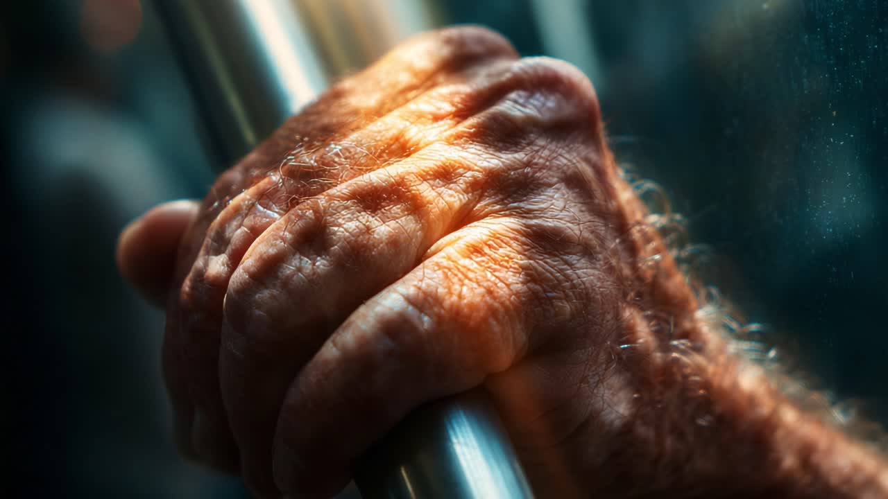 A Close-Up View of a Weathered Hand Gripping a Metal Pole, Capturing the Resilience and Strength of the Elderly with Play of Light and Textures in a Warm Environment
