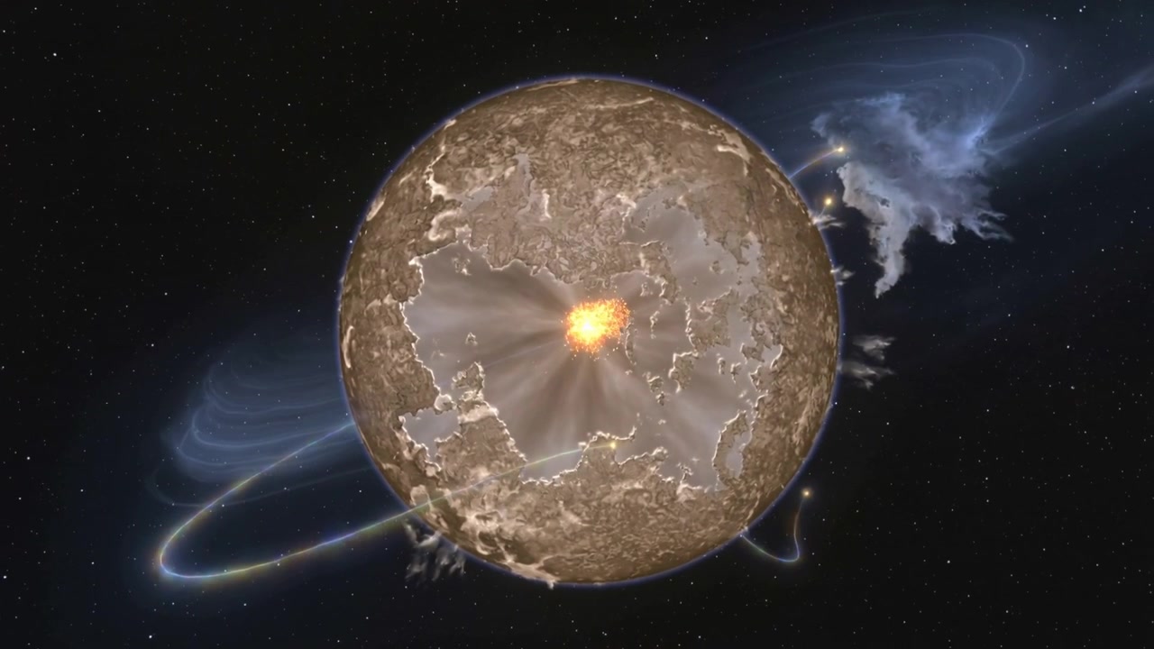 Pulsing rusty sphere rotating in space, core glowing causing ring arc tracing and nebula streaming