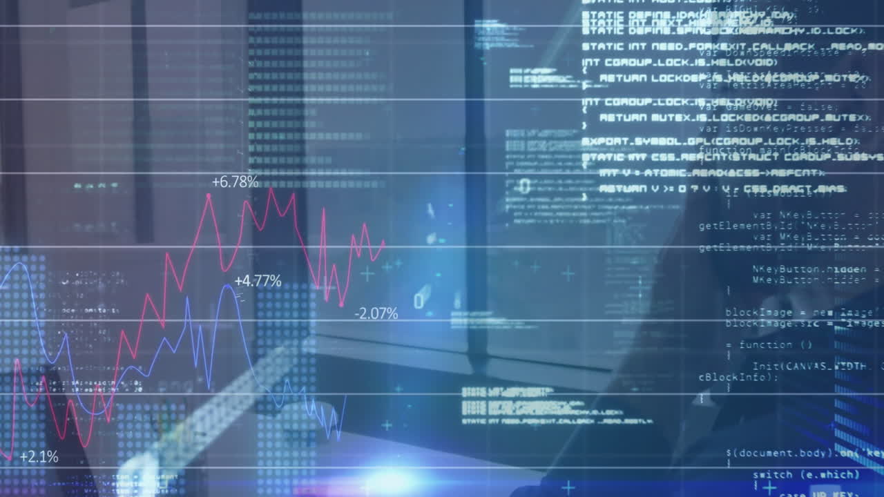 Animation of financial data processing over caucasian businessman using laptop
