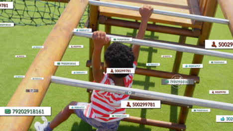 climbing playground equipment, child surrounded by social media notifications animation