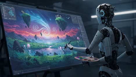 a futuristic robot artist creates stunning digital artwork of a picturesque landscape with swirling skies and floating islands, showcasing creativity and technology in harmony