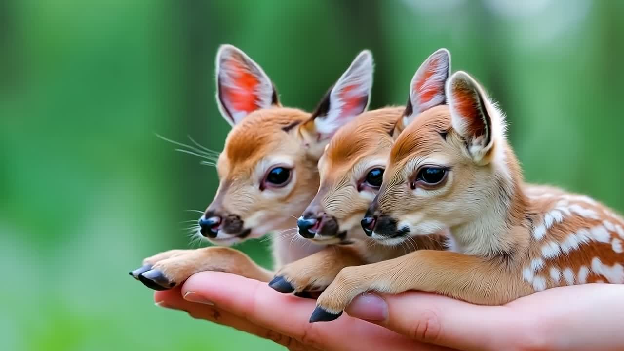 Una persona che tiene tre cuccioli di cervo in mano.