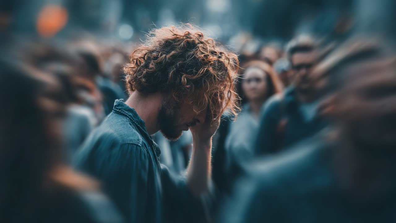 Zamyślona chwila w tłumie: uchwycenie przytłaczających emocji jednostki w tętniącym życiem otoczeniu