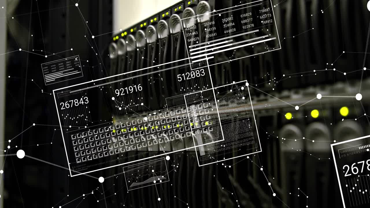 Animation of white spots and data processing over server room