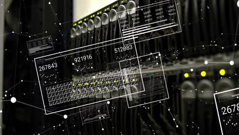 animation of white spots and data processing over server room