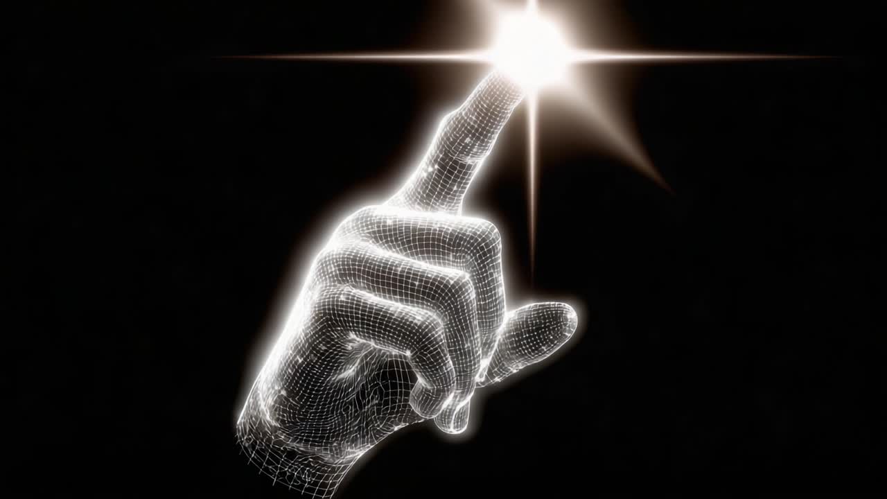 Uno Sguardo Accattivante di un Dito Illuminato che Punta Verso l'Alto, Simboleggiando Ispirazione, Direzione e Possibilità all'interno di un Universo Digitale di Luce ed Energia