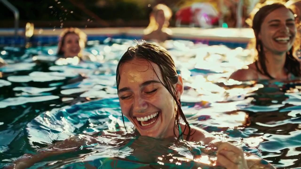 Jovem Alegre Rindo em uma Piscina Ensolarada