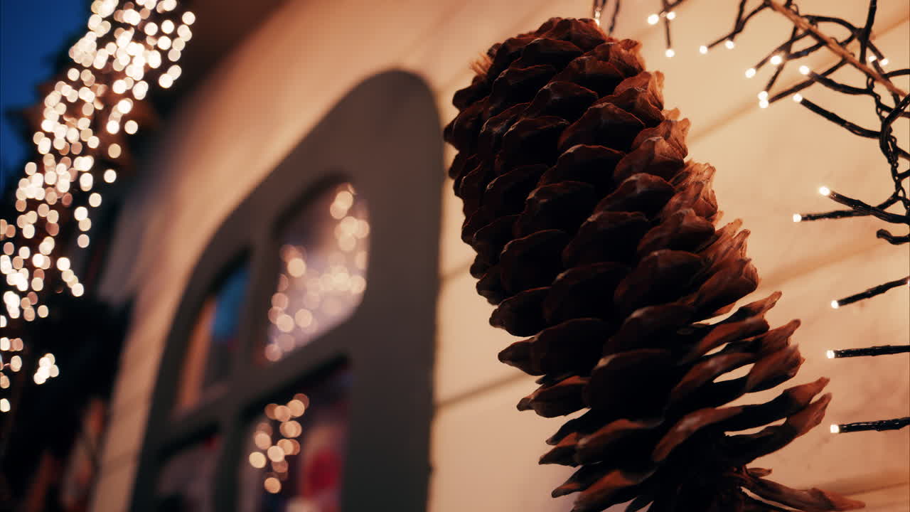 Close up of a pine cone on a building near Christmas lights