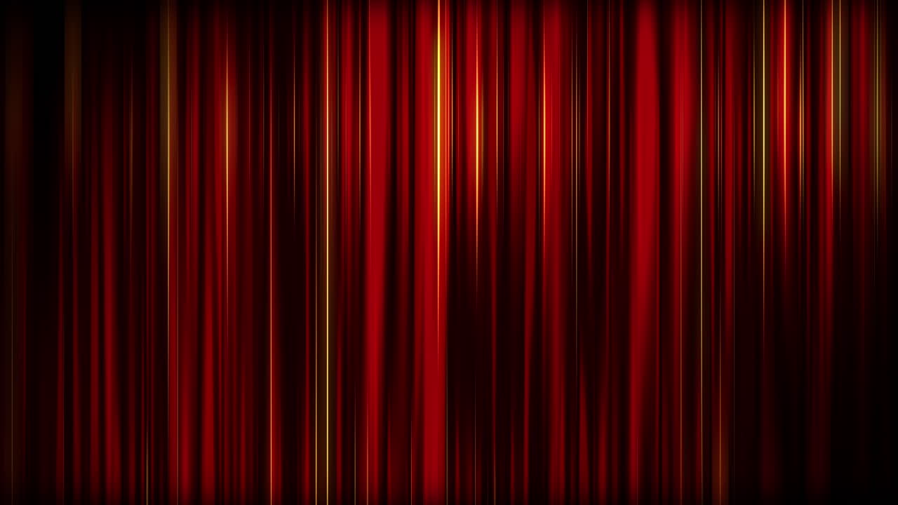 Abstract animation of fabric waved drapery shine red background. Closed red theater or cinema curtain on stage with flare sparkles. Looped motion graphic.