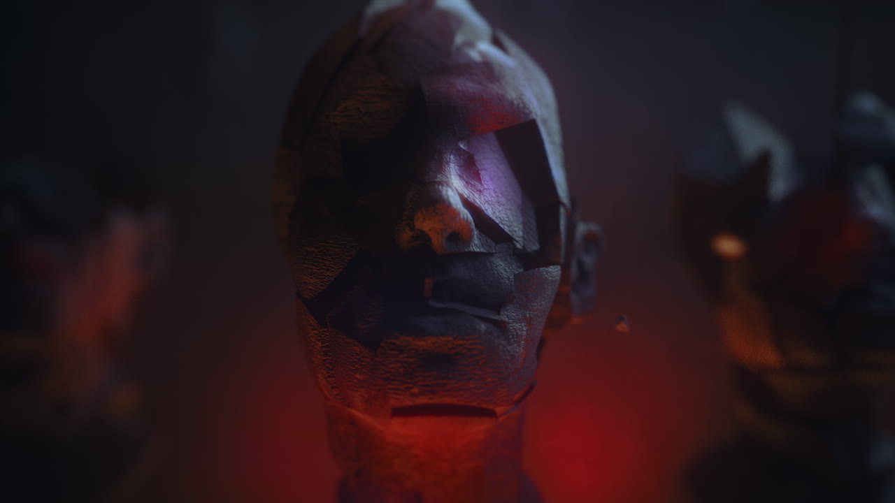 Three crushed android heads on spikes in hell