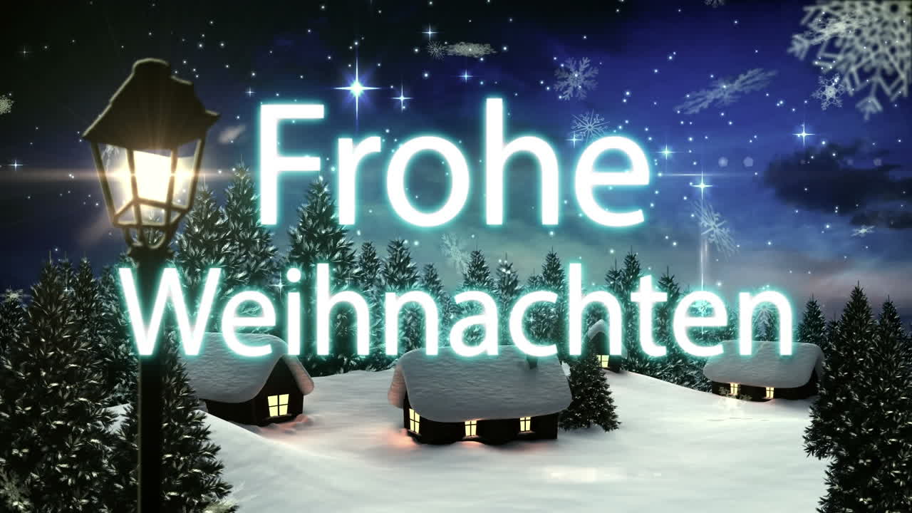 Animation des Textes „Frohe Weihnachten“ über einem winterlichen Hintergrund