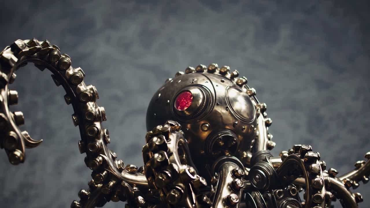 Intricate details of a steampunk inspired mechanical octopus sculpture contrast strikingly against a dark, textured background, emphasizing its metallic craftsmanship