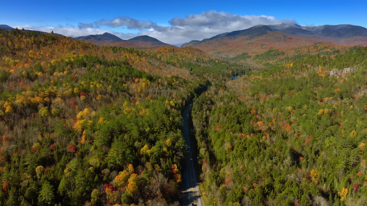 Thick woods covering the rocky landscape change colors in autumn. A highway crosses the forest. Mountains at backdrop. Top view.