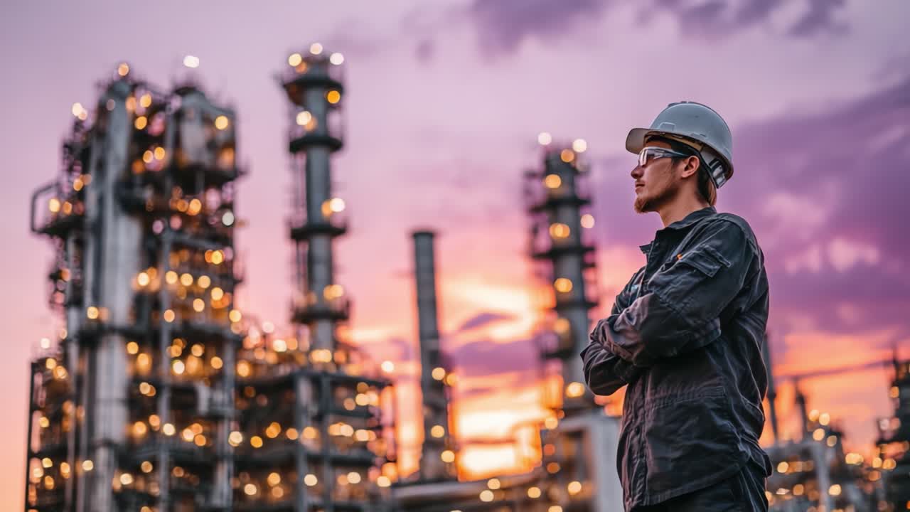 Un travailleur se tient avec assurance devant une grande installation industrielle au coucher du soleil, mettant en valeur la beauté de l'ingénierie et de l'industrie avec des lumières brillantes sur un ciel éclatant.