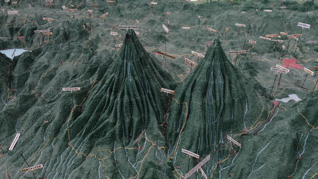 vista en órbita: mapa en relieve en 3d del volcán de fuego en el oeste de guatemala