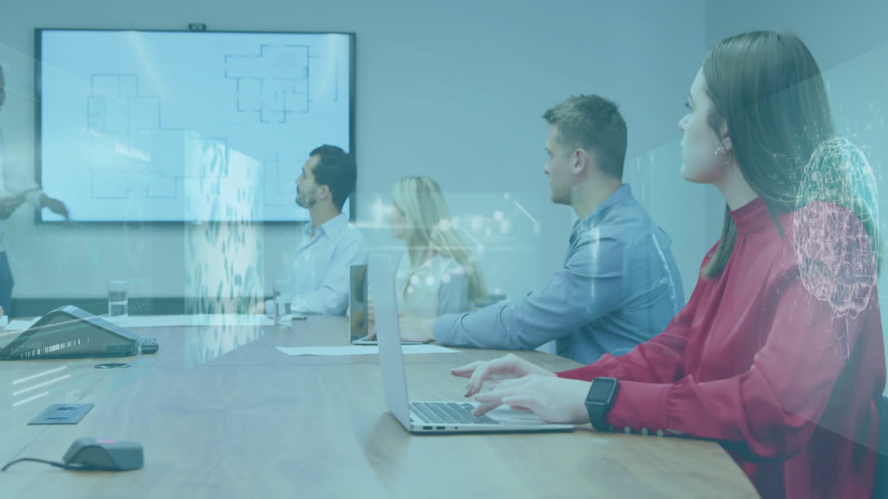 In meeting room, business team analyzing architectural plans animation on screen