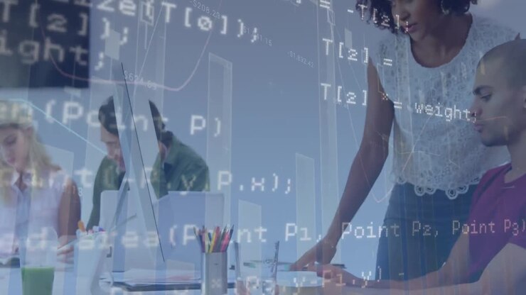 Animation of data processing over diverse business people using computer