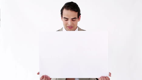 businessman holding a blank poster