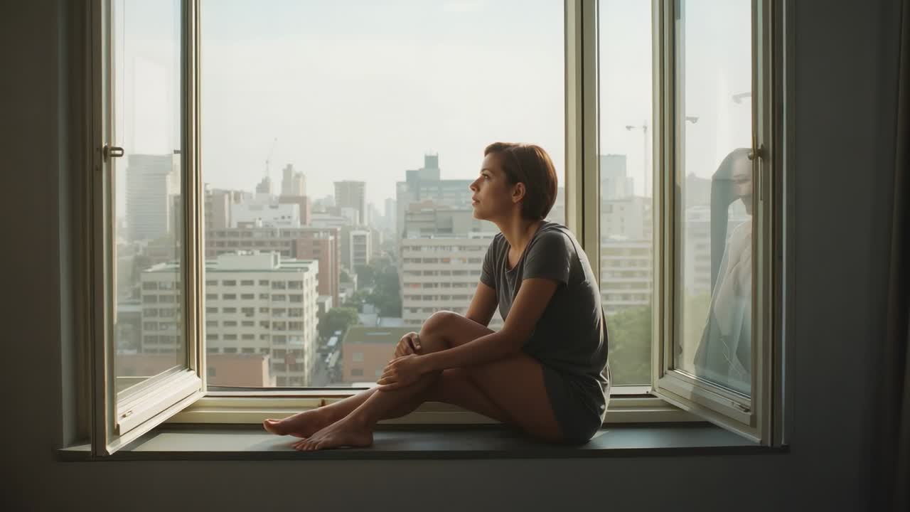 Donna seduta in maglietta e pantaloncini che si sposta sul davanzale di casa, la luce del sole che attrae lo sguardo attraverso la finestra