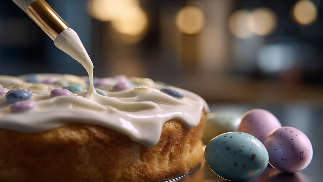 Decorating an Easter cake with creamy frosting and colorful candy eggs, showcasing a delightful baking moment filled with joy and celebration
