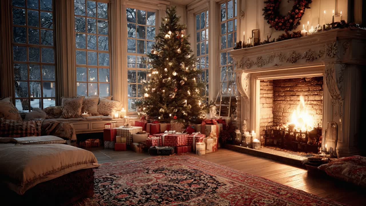 A Cozy Festive Living Room Filled with Holiday Cheer, Featuring a Beautifully Decorated Christmas Tree Surrounded by Gifts and a Warm Fireplace Glow