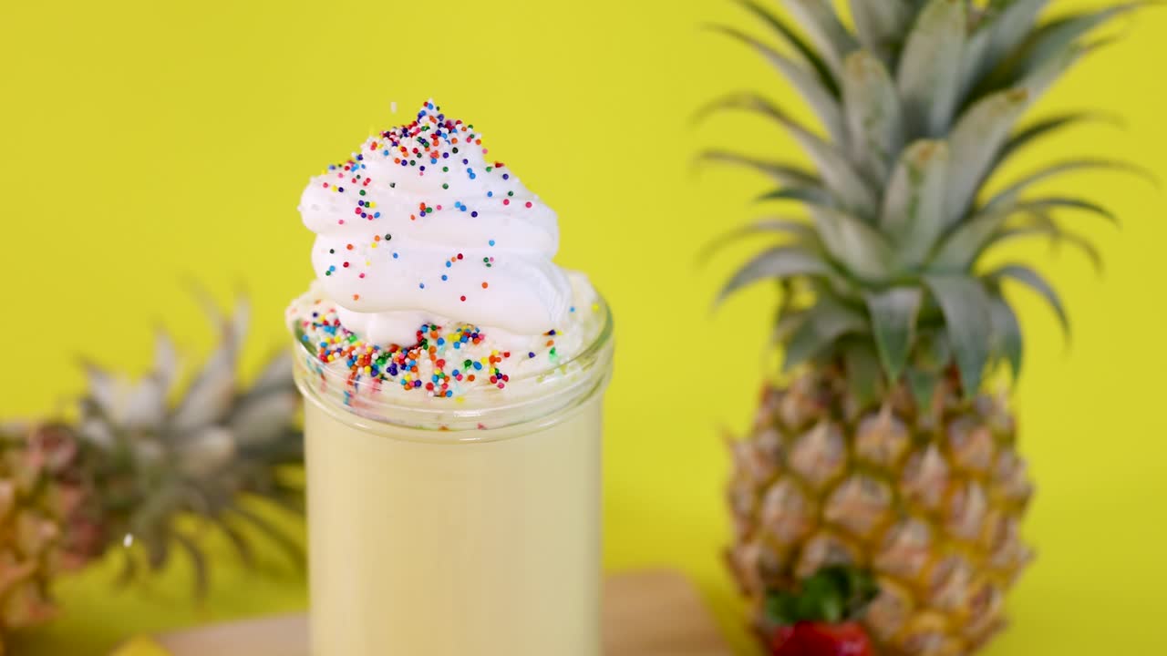 Pineapple smoothie with whipped cream and sprinkles, bright yellow background, static close-up shot