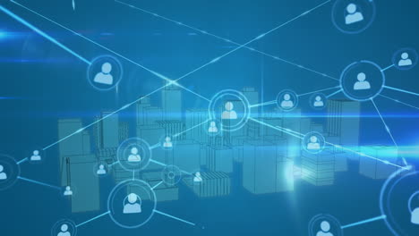 animation of connected icons over lens flares and rotating modern city against blue background