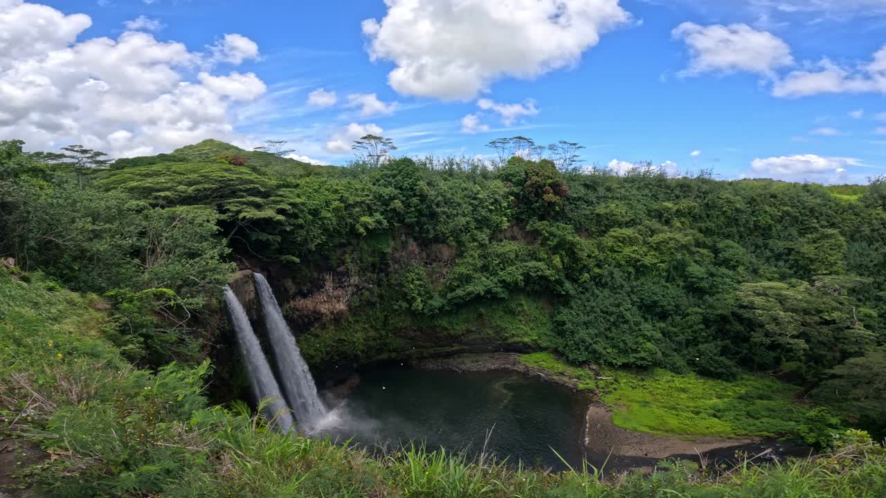 Twin waterfalls cascade into a jungle basin surrounded by lush greenery under a bright blue sky at Wailua Falls, Kauai, Hawaii – a breathtaking tropical landscape and iconic natural wonder