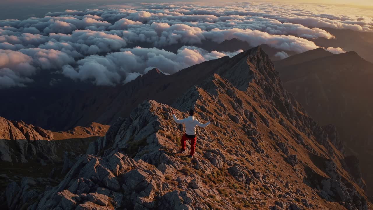 Persona in piedi su una cima di montagna sopra le nuvole al tramonto.